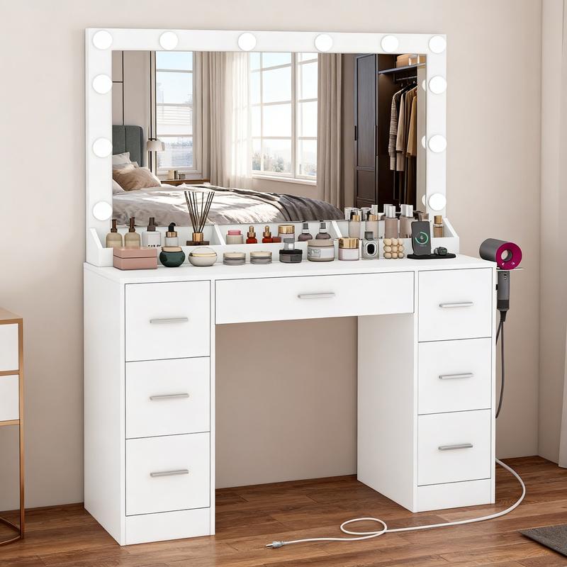 Moderno Tocadores de maquillaje con Espejo, 12 Luces LED Regulables, Tocador con Enchufes Eléctricos, 7 Cajones y 3 Bandejas de Maquillaje, Blanco