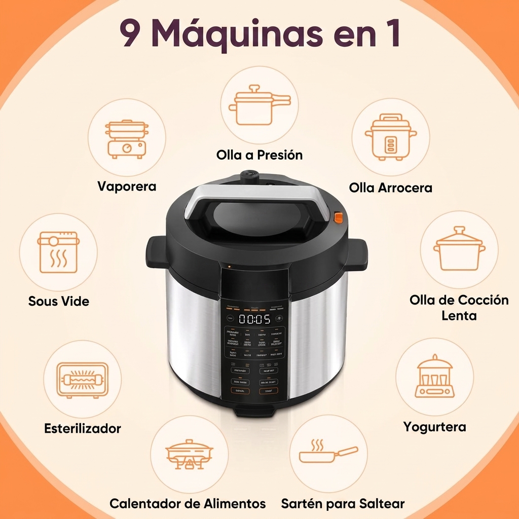 Este juego incluye una olla a presión multifuncional de 6 cuartos (9 en 1) y una arrocera multifuncional de 5 cuartos (18 en 1). Estas ollas multifuncionales ofrecen funciones como freír, cocción lenta, cocción al vapor, cocción a baja temperatura, esteri