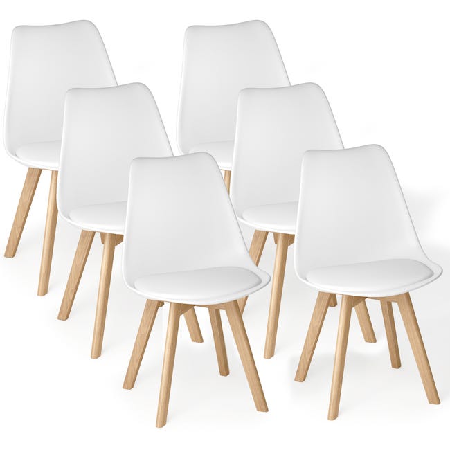 Pack de 4/6 Sillas de Comedor Acolchadas, Diseño Nórdico Tipo Tulipán, Carcasa de Polipropileno con Cojín de Polipiel y Patas de Madera de Haya
