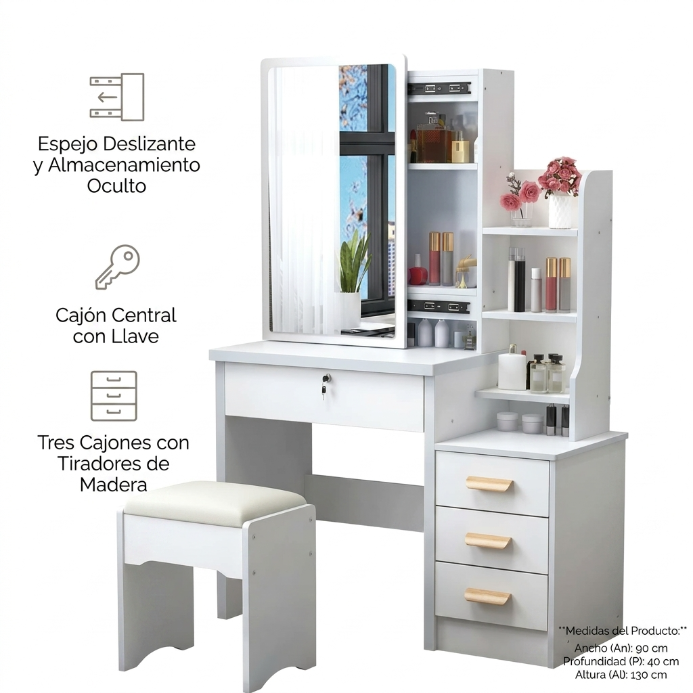 Tocador de maquillaje blanco con espejo y taburete – Mueble de tocador con cajones y estantes para cosméticos 80x36x131 cm