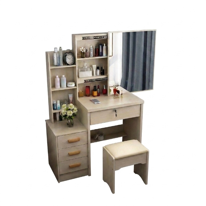 Tocador de maquillaje blanco con espejo y taburete – Mueble de tocador con cajones y estantes para cosméticos 80x36x131 cm