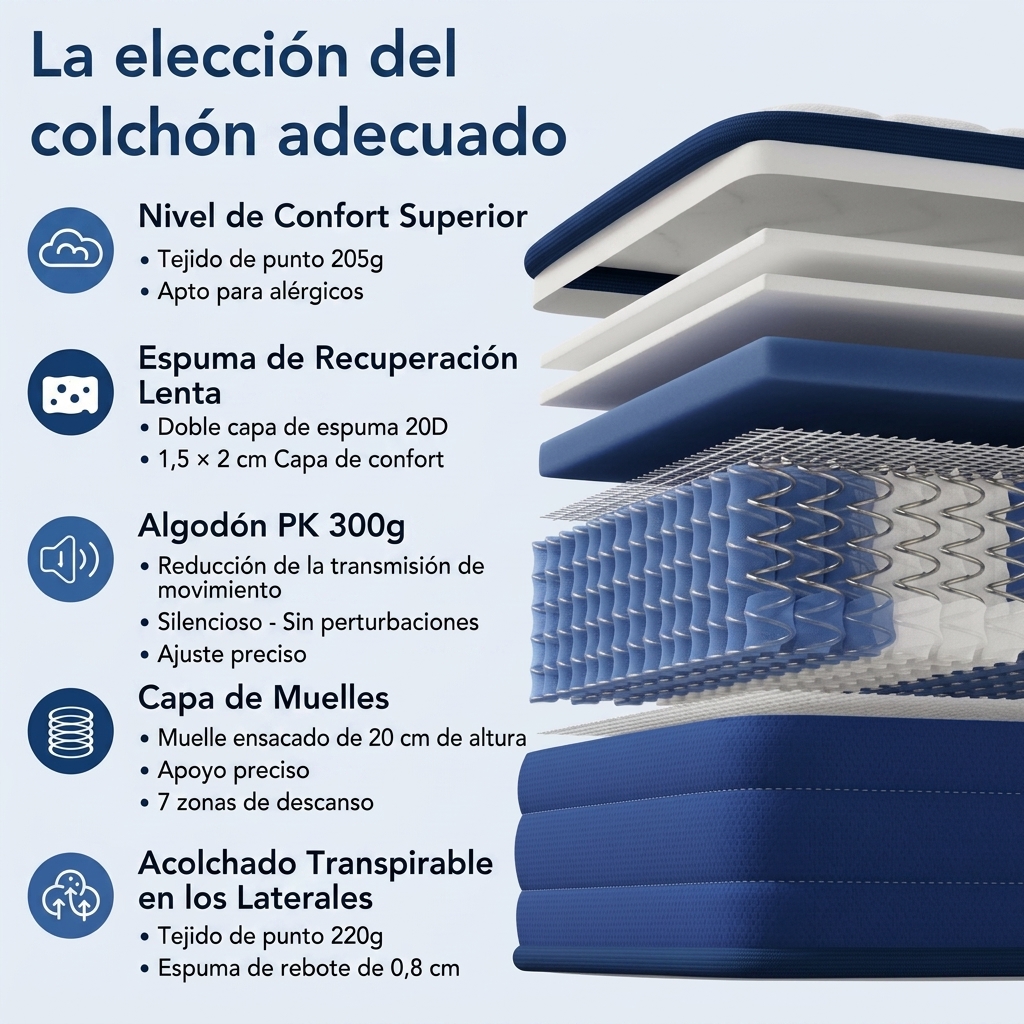 Colchón de muelles ensacados de 7 zonas, 22 cm de grosor, firmeza H3, transpirable y con efecto gravedad cero