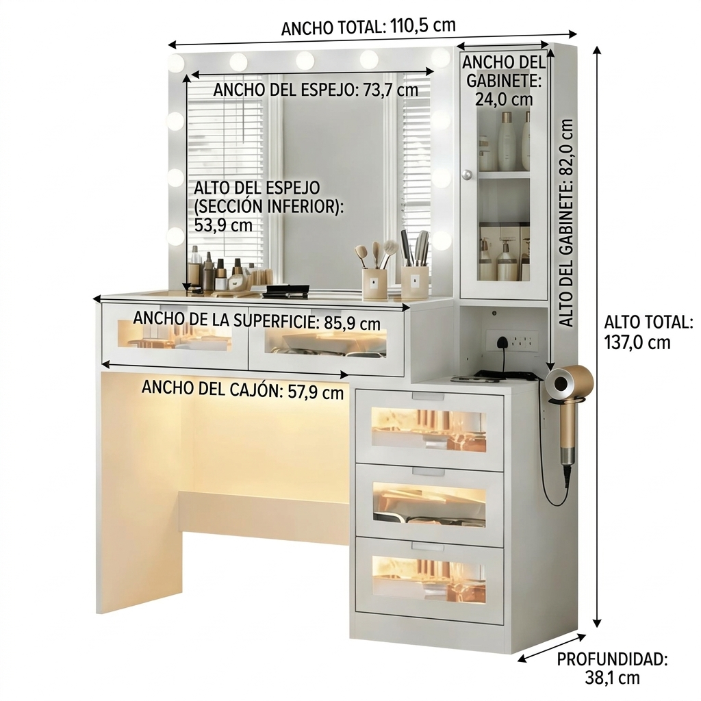 Tocador de maquillaje para dormitorio: retroiluminación LED, diseño con acentos LED, superficie de vidrio templado, armario lateral, tomas de corriente para herramientas de peinado, cajón con iluminación, espacio de almacenamiento; requiere montaje.