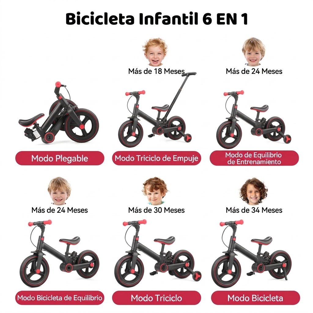 Bicicleta de equilibrio 6 en 1 para niños pequeños con ruedas de entrenamiento