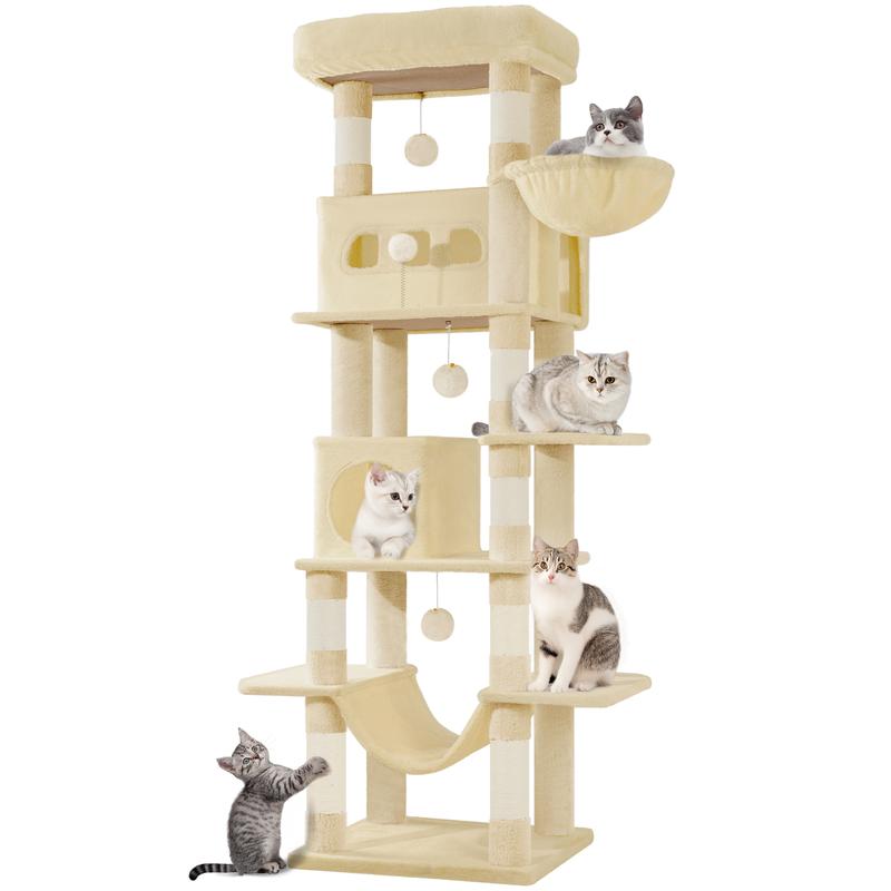 Un rascador de 170 cm de diámetro, ideal para gatos Maine Coon y otros felinos grandes, que incluye un poste rascador de varios niveles, una gran plataforma de descanso, una alfombrilla lavable, una casita con dos camas y ocho postes rascadores.