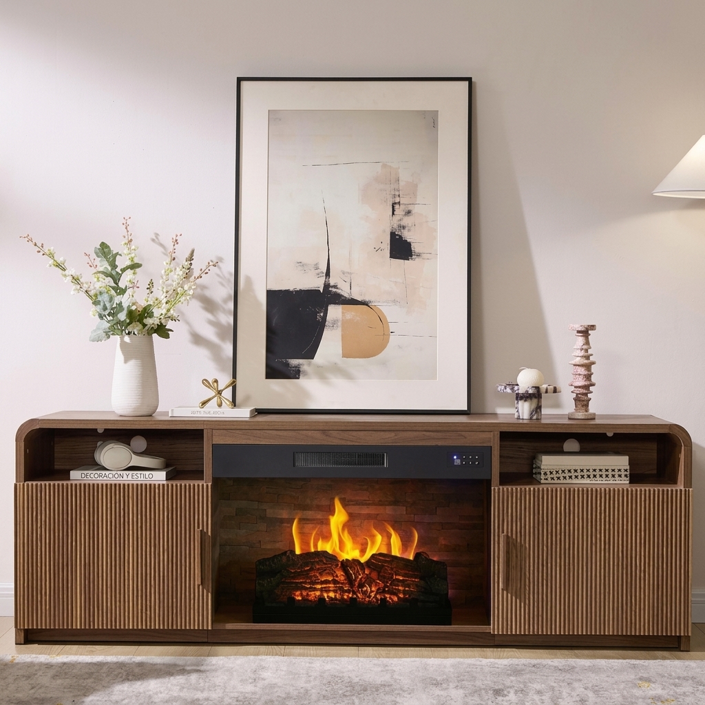 Mueble TV de 178 cm con Chimenea Eléctrica de 30", Diseño de Madera Estriada, Puertas y Armarios de Almacenamiento, para TV de hasta 80", Ideal para Salón