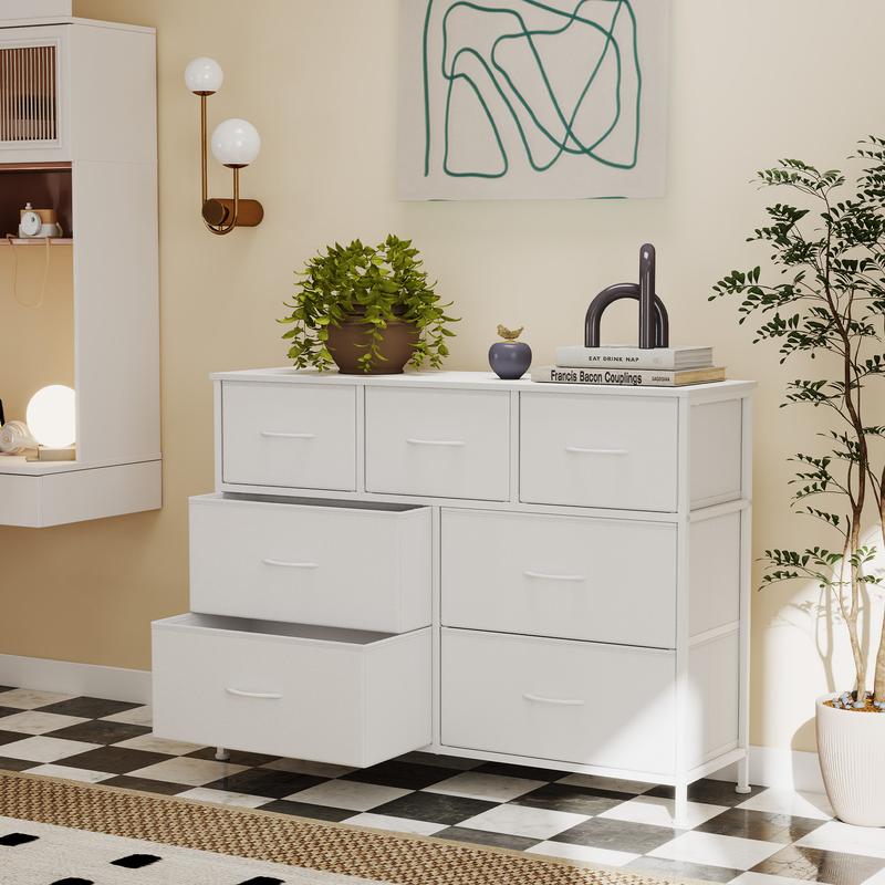Cómoda de siete cajones, mueble de almacenamiento para dormitorio, fabricada en acero, tablero de fibra de densidad media y tela no tejida, adecuada para dormitorios, armarios, pasillos y salas de estar.