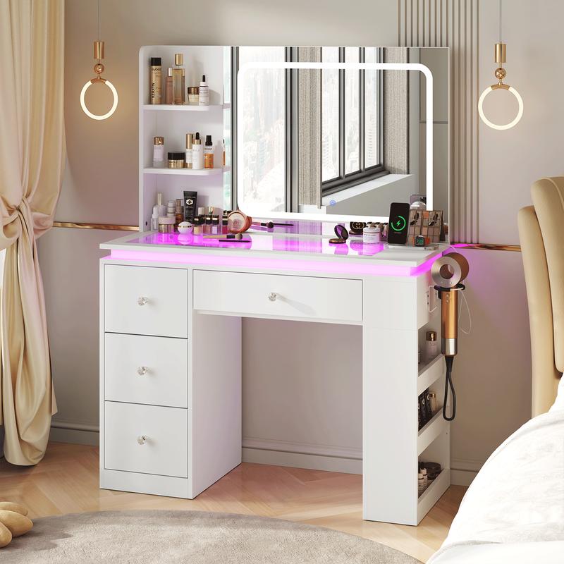 Tocador multifuncional con espejo, 3 modos de iluminación, 10 luces LED alimentadas por USB, tocador de 40 pulgadas, superficie de vidrio y toma de corriente, 36 modos de iluminación, cajones RGB ajustables, cómoda blanca para dormitorios de mujeres/niñas