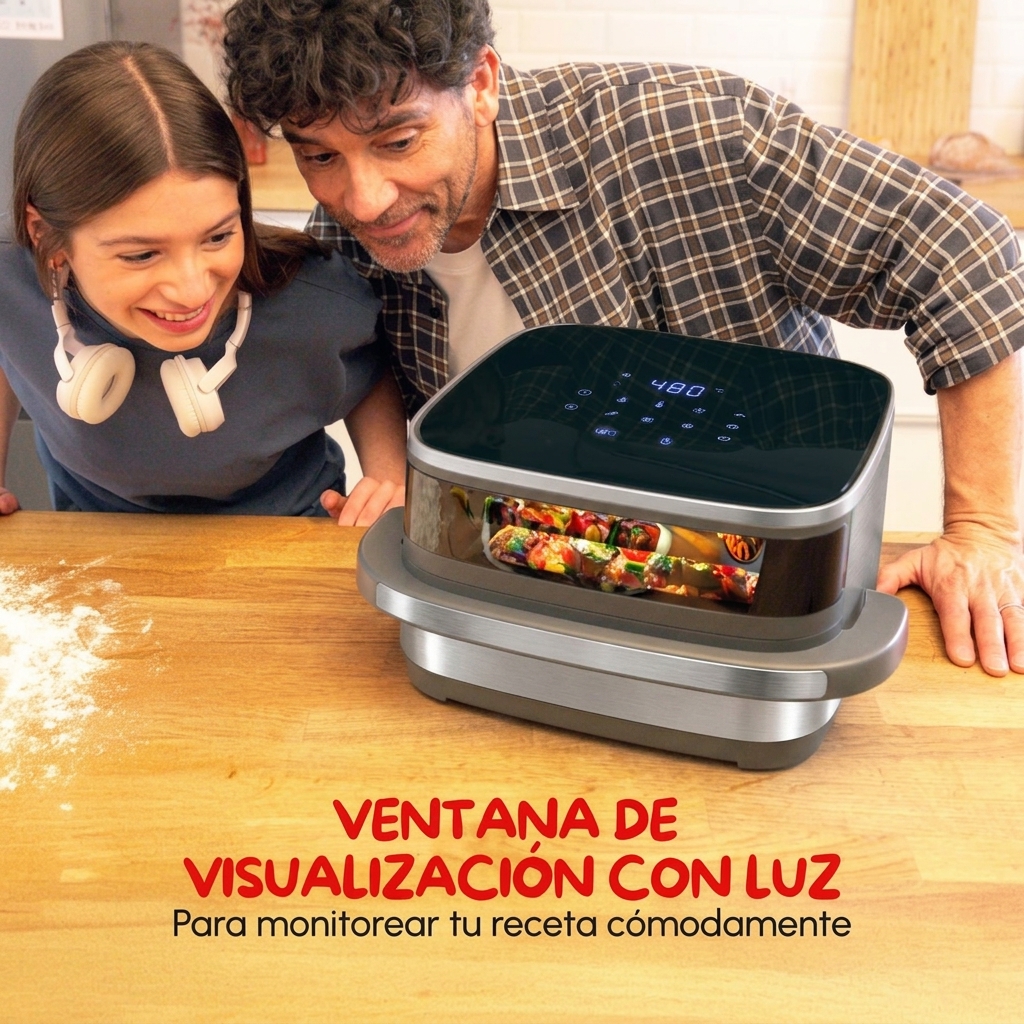 Freidora de aire inteligente y automática, superficie de cocción extragrande, doble resistencia, 10 programas automáticos, diseño compacto, ventana de visualización, color blanco.
