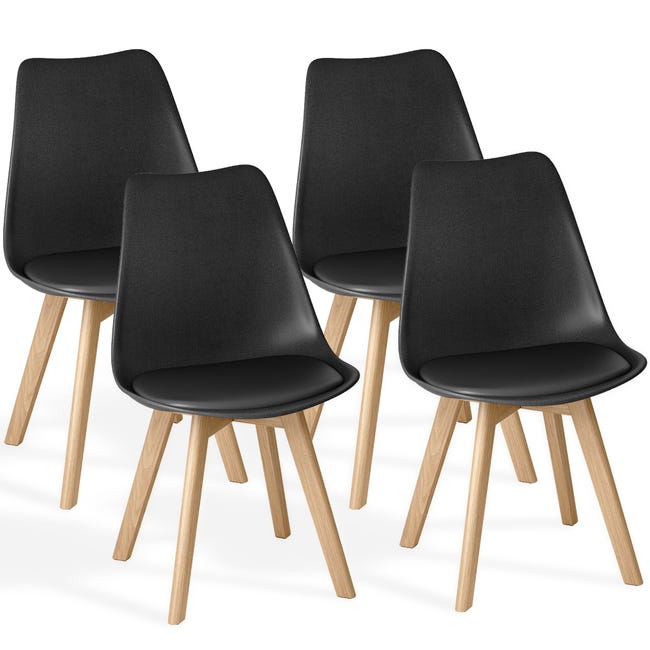 Pack de 4/6 Sillas de Comedor Acolchadas, Diseño Nórdico Tipo Tulipán, Carcasa de Polipropileno con Cojín de Polipiel y Patas de Madera de Haya