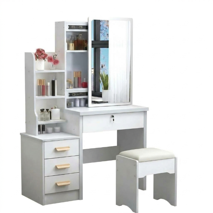 Tocador de maquillaje blanco con espejo y taburete – Mueble de tocador con cajones y estantes para cosméticos 80x36x131 cm
