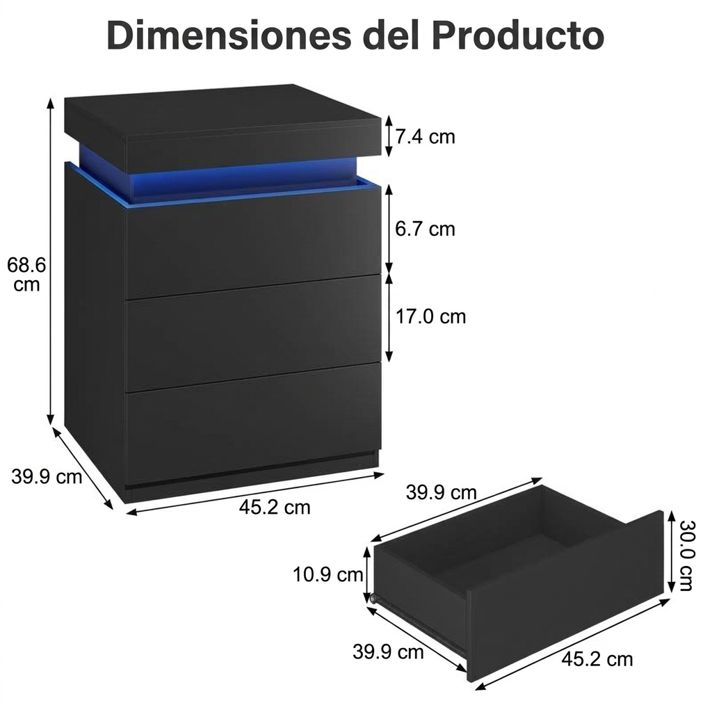Mesita de noche con estación de carga y luces LED, mesa auxiliar con superficie deslizante para dormitorio, mesita de noche con cajones, mesa auxiliar moderna.