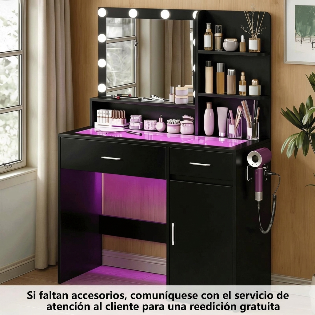 Tocador multifuncional con espejo, 3 modos de iluminación, 10 luces LED alimentadas por USB, tocador de 40 pulgadas, superficie de vidrio y toma de corriente, 36 modos de iluminación, cajones RGB ajustables, cómoda blanca para dormitorios de mujeres/niñas