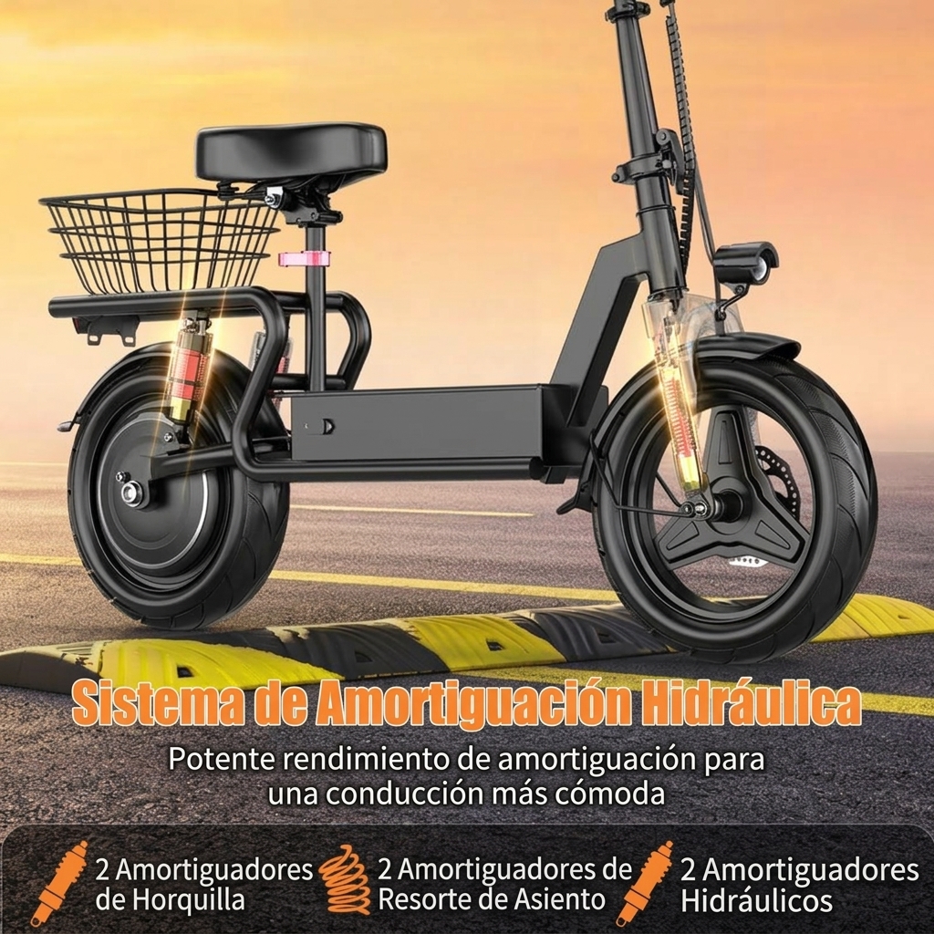 Patinete Eléctrico con Asiento para Adultos, Motor de hasta 1000W, Batería 48V 15Ah, Velocidad Máxima 40 km/h, Autonomía de hasta 56 km, Plegable y Portátil, con Cesta Trasera, Ideal para Compras, Recados, Paseos y Transporte Diario
