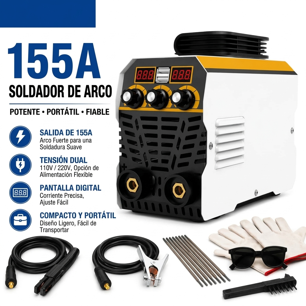 Soldador Inverter MMA 155A 230V, Soldador Portátil con Pantalla Digital y Kit de Electrodos, Máquina de Soldar para Reparaciones, Metal y DIY