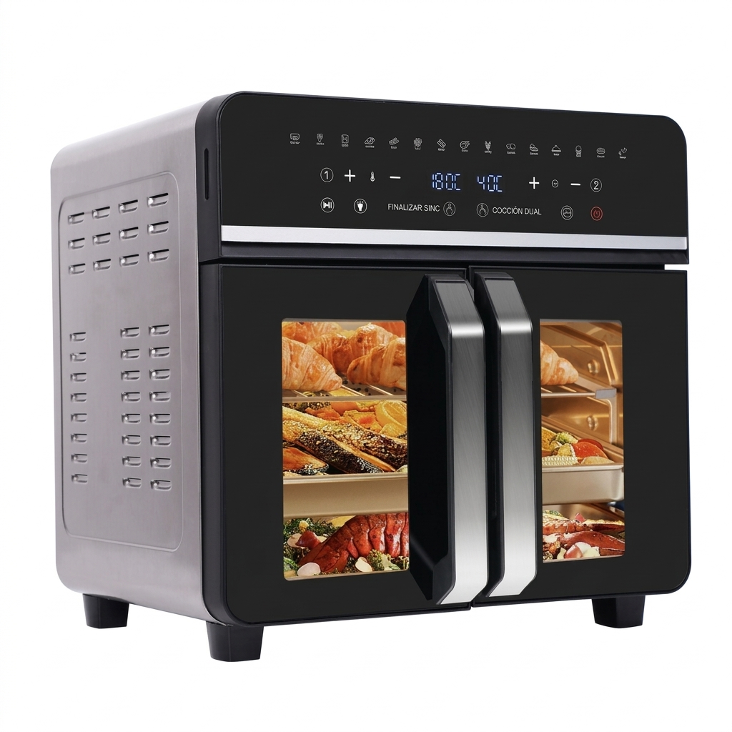23L nuevo freidor de aire con cesta doble 2600W, mini horno de aire 23 litros, freidora de aire con pantalla táctil LED, 15 programas preestablecidos, 11 accesorios y 1 libro de recetas