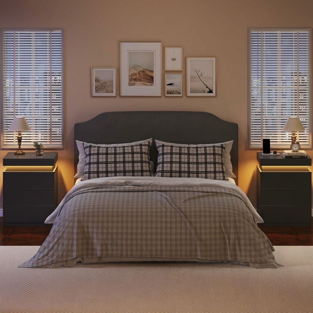 Mesita de noche con estación de carga y luces LED, mesa auxiliar con superficie deslizante para dormitorio, mesita de noche con cajones, mesa auxiliar moderna.