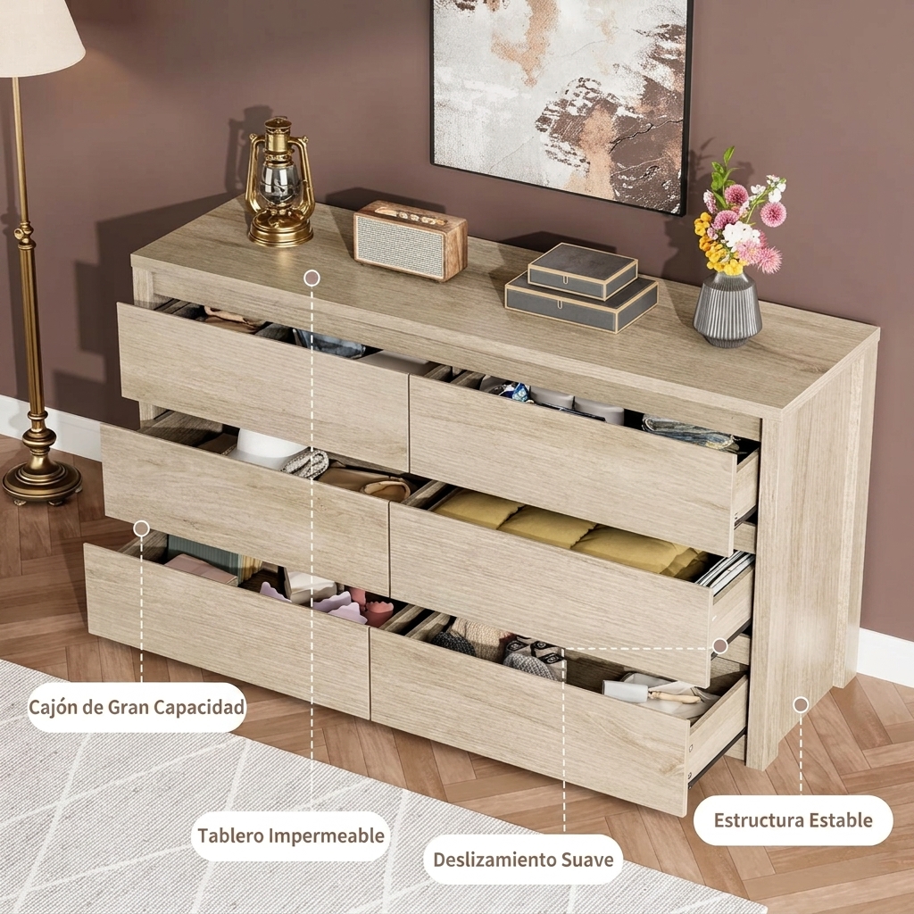 Cómoda de 6 cajones para dormitorio, cómoda ancha de madera sin tiradores, armario de almacenamiento moderno para sala de estar, pasillo o recibidor.