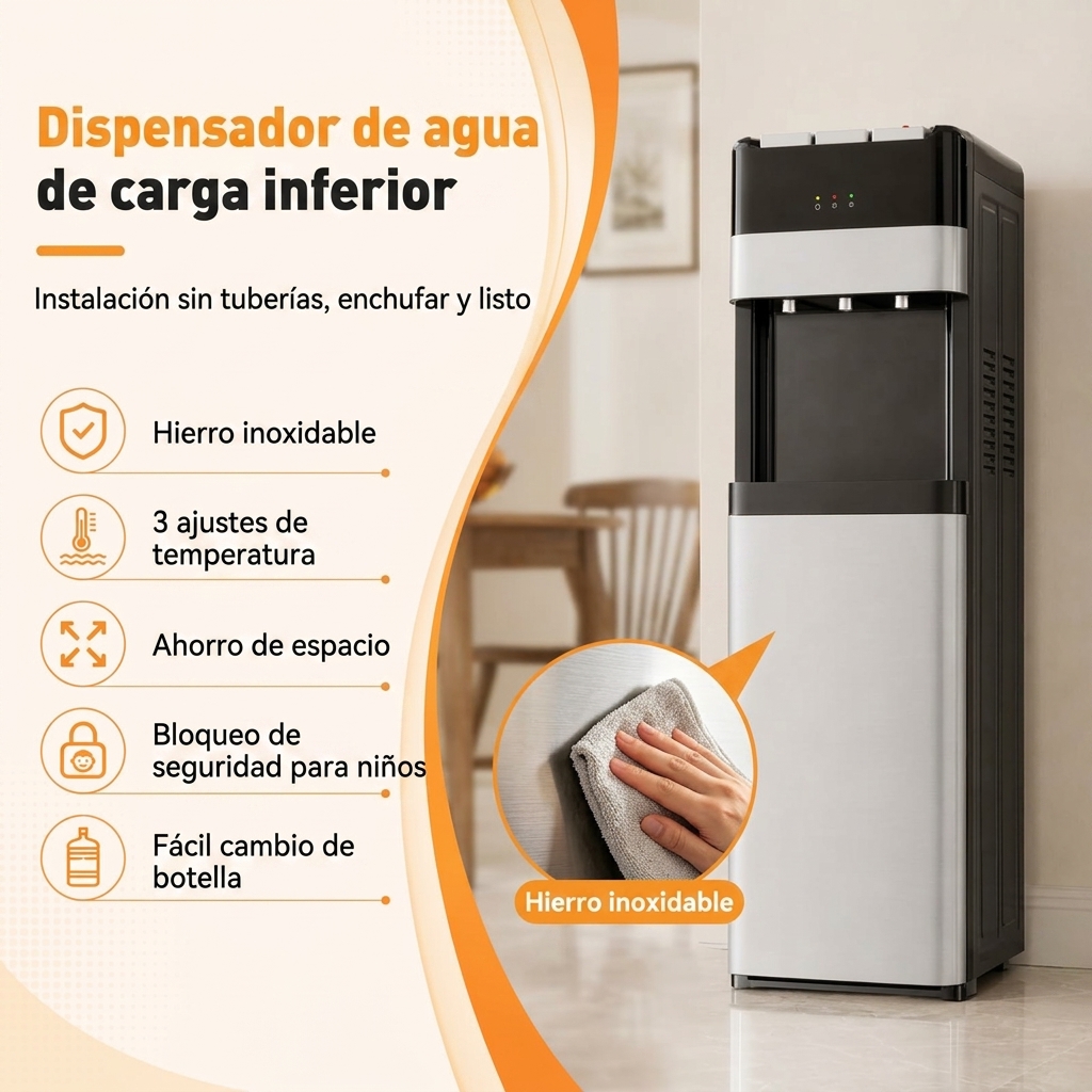 Dispensador de Agua 18,9L, Carga Inferior, Agua Fría, Caliente y Ambiente, Bloqueo Infantil