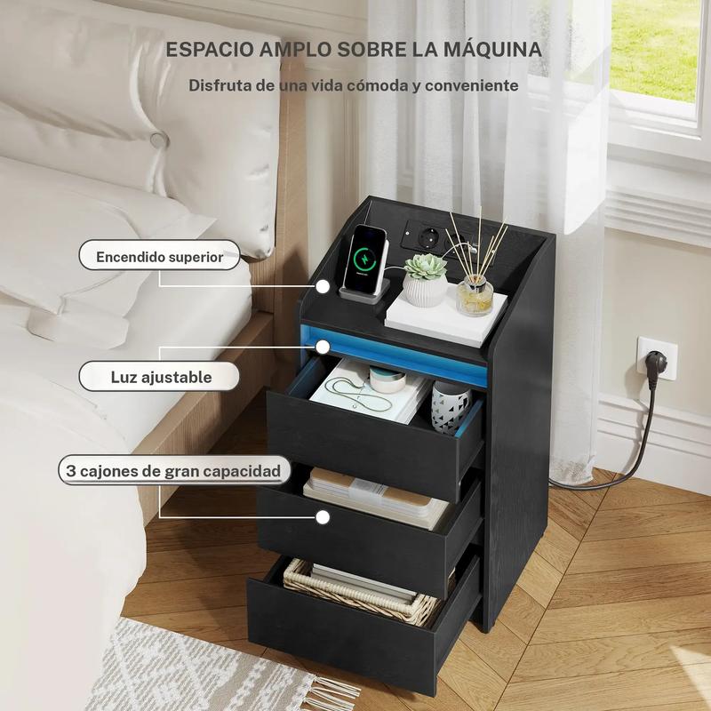 Tocador de noche con 3 cajones, mesita lateral con base de carga y LED, 2 enchufes de CA y 2 puertos USB para el dormitorio