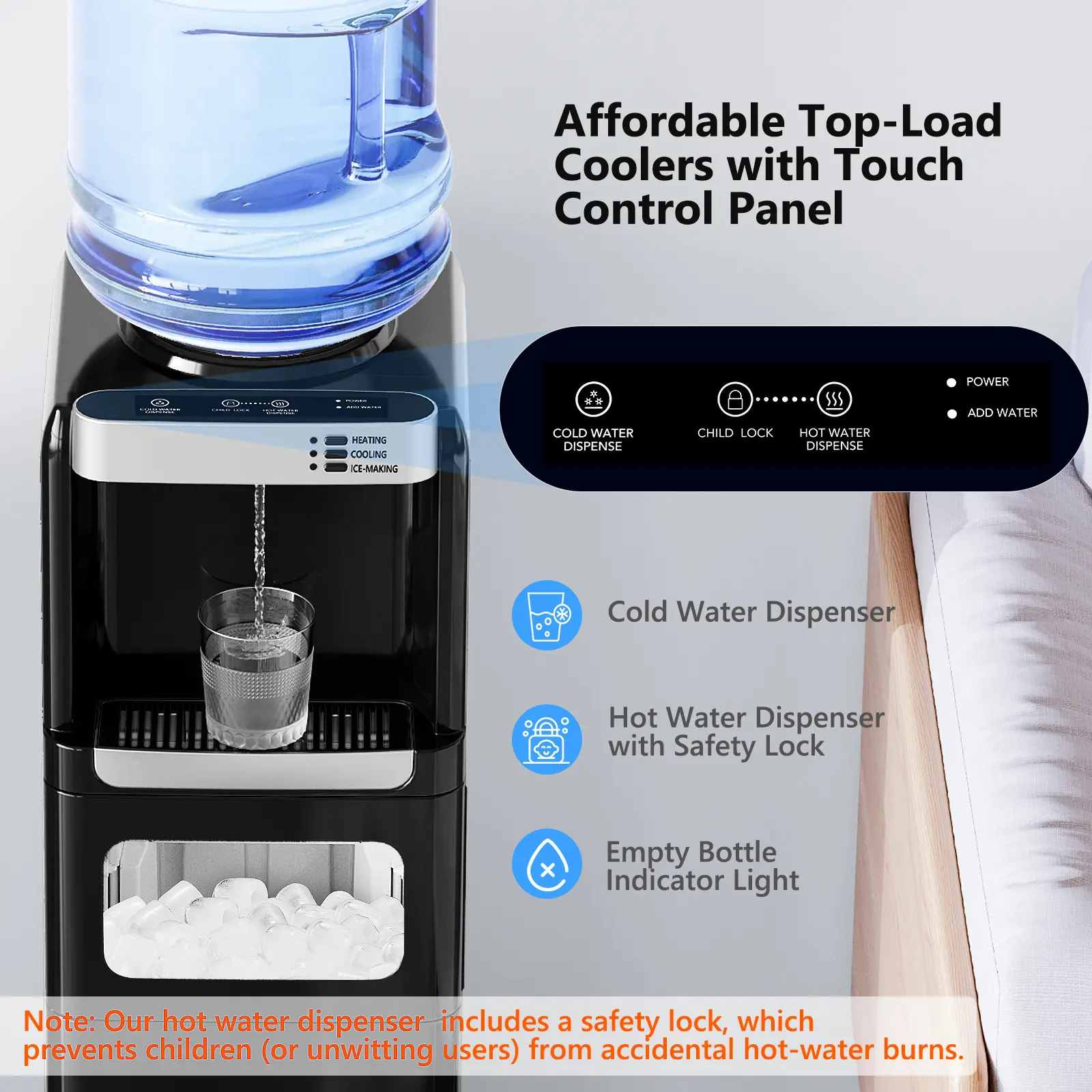 Dispensador de agua COWSAR con máquina de hielo: enfriador de agua fría y caliente