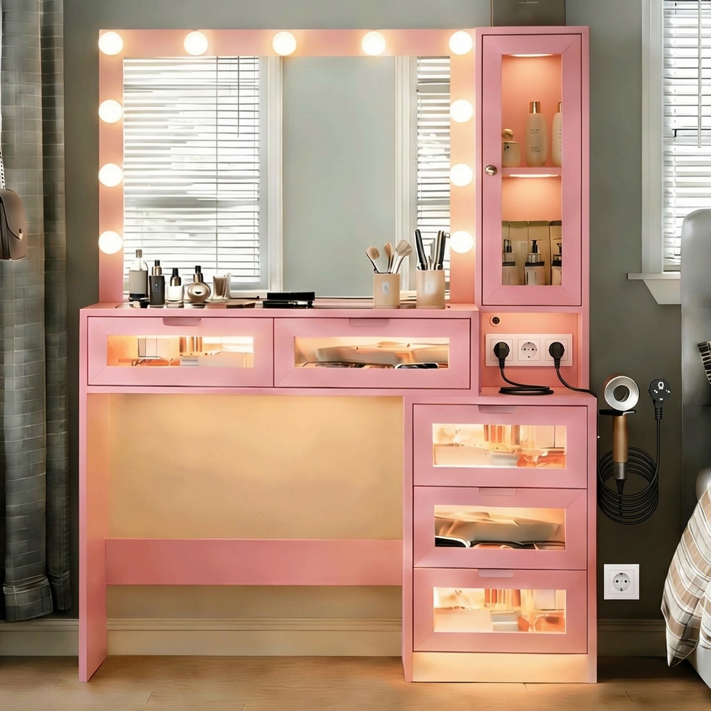 Tocador de maquillaje para dormitorio: retroiluminación LED, diseño con acentos LED, superficie de vidrio templado, armario lateral, tomas de corriente para herramientas de peinado, cajón con iluminación, espacio de almacenamiento; requiere montaje.