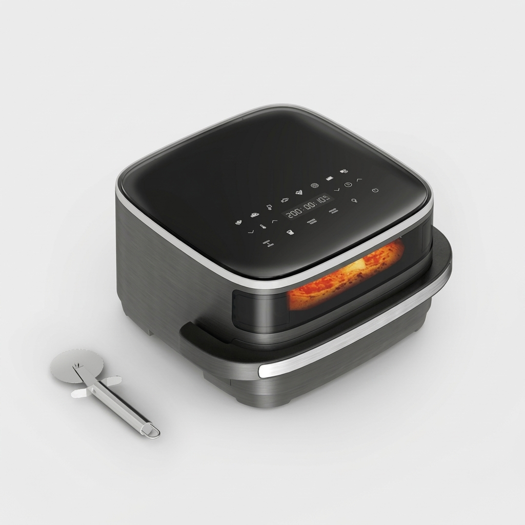 Freidora de aire inteligente y automática, superficie de cocción extragrande, doble resistencia, 10 programas automáticos, diseño compacto, ventana de visualización, color blanco.