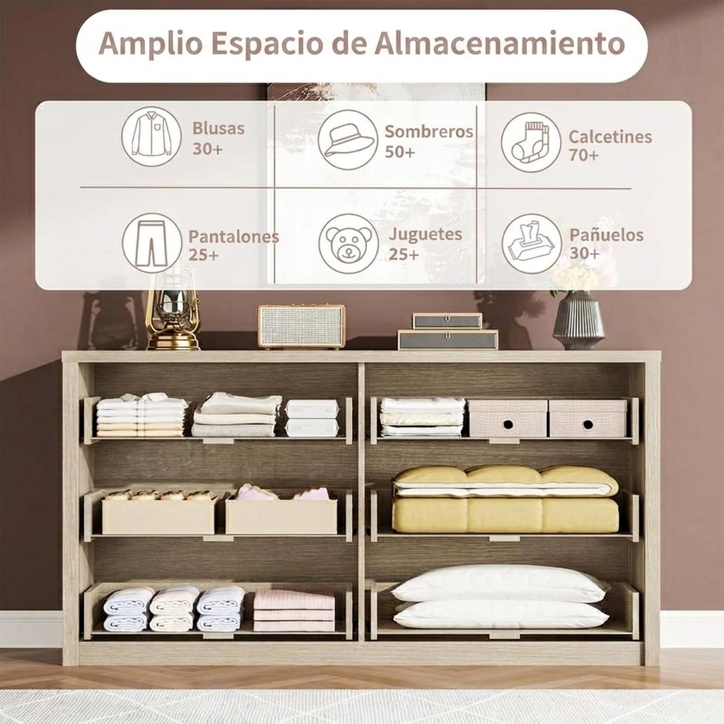 Cómoda de 6 cajones para dormitorio, cómoda ancha de madera sin tiradores, armario de almacenamiento moderno para sala de estar, pasillo o recibidor.