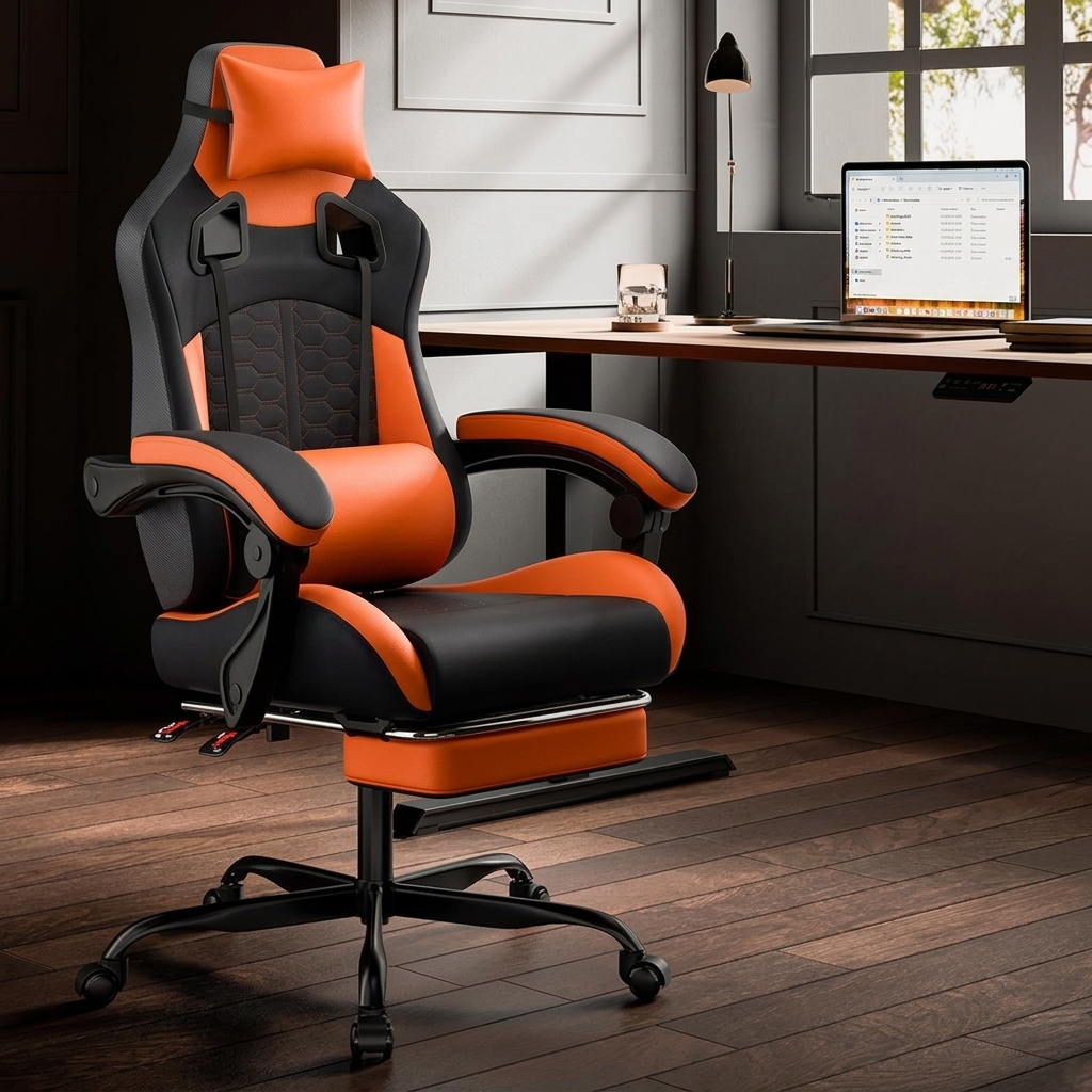 Silla de juegos para uso doméstico, cómoda silla ergonómica para sentarse durante mucho tiempo, equipada con con almohada Lumbar de espuma viscoelástica, silla de oficina giratoria de 360 grados