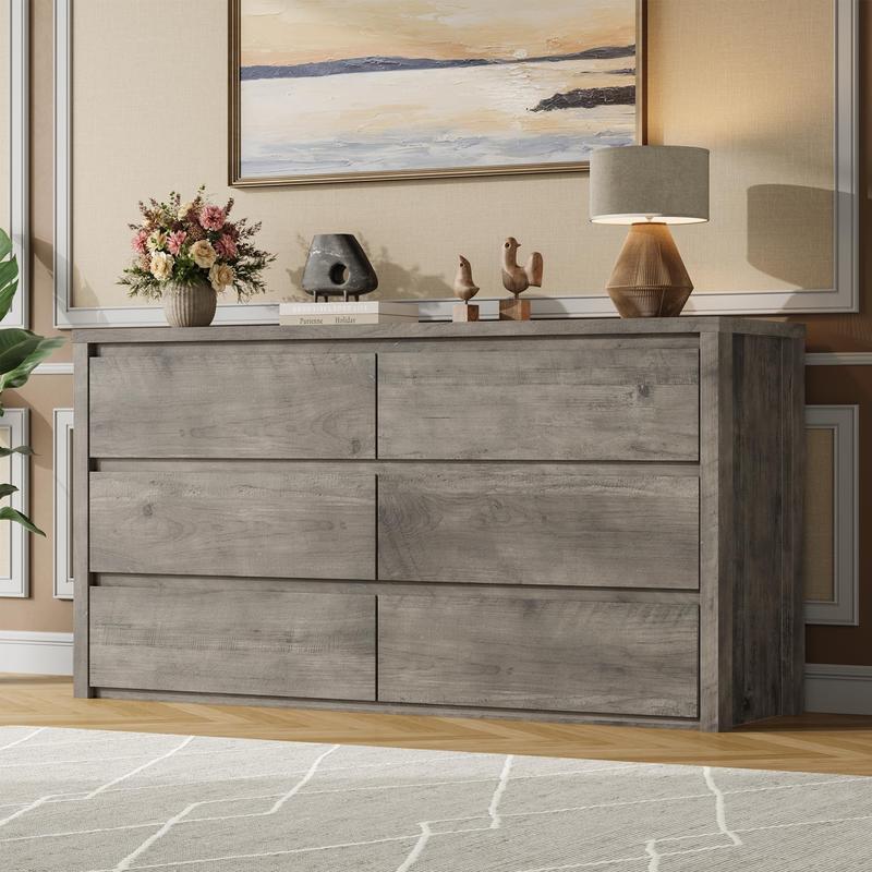 Cómoda de 6 cajones para dormitorio, cómoda ancha de madera sin tiradores, armario de almacenamiento moderno para sala de estar, pasillo o recibidor.