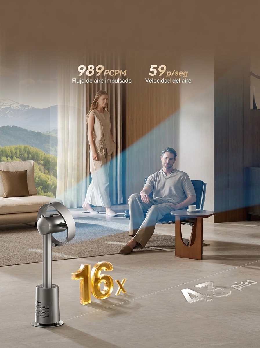Ventilador de torre sin aspas de 270°, circulación de aire de 270° en toda la habitación, ventilador de suelo inteligente con función de sincronización de temperatura TempSync, tecnología de mejora del flujo de aire AirBoost, 10 velocidades, 3 modos, filt