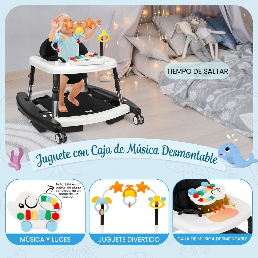 Andador unisex de plástico para bebés de 6 a 18 meses, andador plegable 5 en 1 con certificación de seguridad, 5 alturas ajustables, hamaca, música, bandeja de alimentación, reposapiés extraíble, andador inteligente portátil para niños y niñas.
