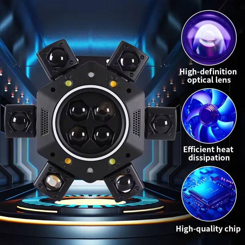 Cabeza móvil de DJ de 240 W con 8 brazos (luz de escenario RGBW), compatible con DMX-512 y control por voz: perfecta para fiestas, bodas y todo tipo de eventos.