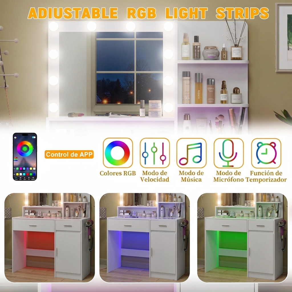 Tocador multifuncional con espejo, 3 modos de iluminación, 10 luces LED alimentadas por USB, tocador de 40 pulgadas, superficie de vidrio y toma de corriente, 36 modos de iluminación, cajones RGB ajustables, cómoda blanca para dormitorios de mujeres/niñas