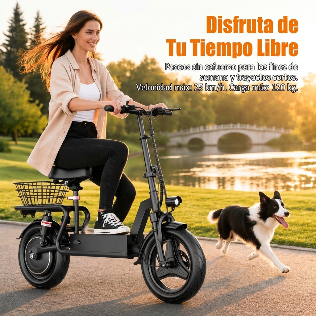 Patinete Eléctrico con Asiento para Adultos, Motor de hasta 1000W, Batería 48V 15Ah, Velocidad Máxima 40 km/h, Autonomía de hasta 56 km, Plegable y Portátil, con Cesta Trasera, Ideal para Compras, Recados, Paseos y Transporte Diario