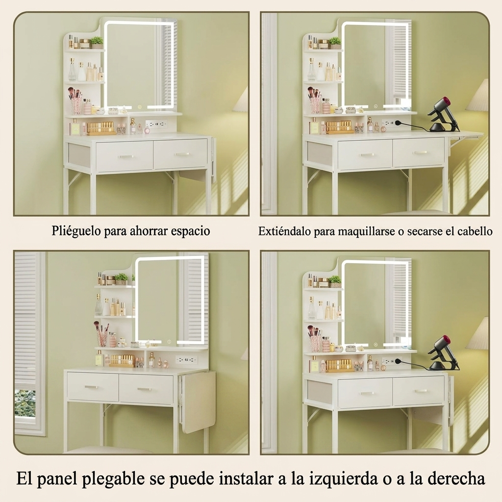 Tocador de maquillaje con espejo y luces, tocador pequeño con cajón de almacenamiento de tela, silla y estantes, tocador blanco con panel plegable y toma de corriente para dormitorio.
