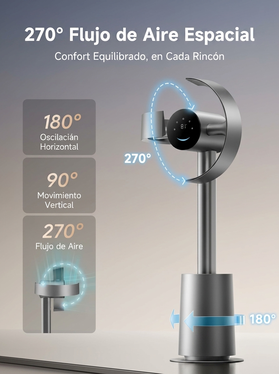 Ventilador de torre sin aspas de 270°, circulación de aire de 270° en toda la habitación, ventilador de suelo inteligente con función de sincronización de temperatura TempSync, tecnología de mejora del flujo de aire AirBoost, 10 velocidades, 3 modos, filt