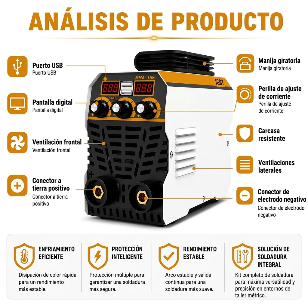 Soldador Inverter MMA 155A 230V, Soldador Portátil con Pantalla Digital y Kit de Electrodos, Máquina de Soldar para Reparaciones, Metal y DIY