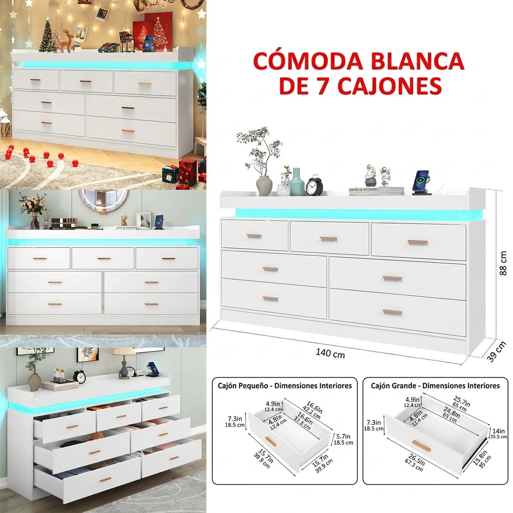 Cómoda con luz LED y estación de carga, cómoda moderna para armario, mueble organizador de cajones anchos para dormitorio, sala de estar, entrada y pasillo.