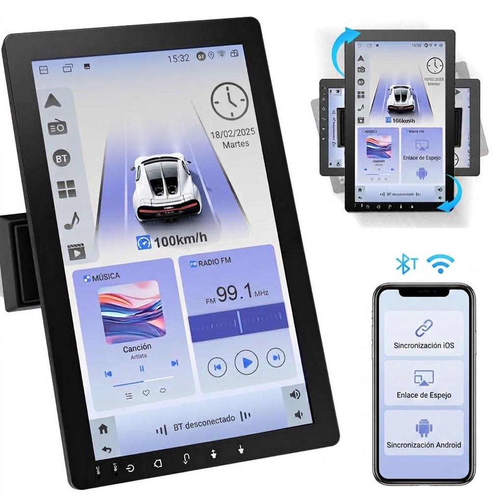 Pantalla táctil giratoria de 10,1 inch para coche, estéreo Single DIN, Android 13, Apple CarPlay/Android Auto inalámbricos, CPU de 4 núcleos, 2 GB de RAM y 32 GB de almacenaje, navegación GPS, sonido Hi‑Fi, Bluetooth 4.2, cámara trasera AHD 720p