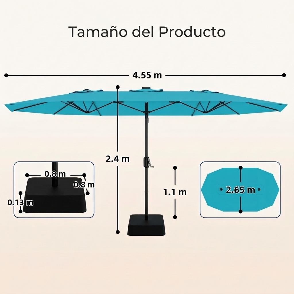 Sombrilla doble para patio, 4,55 x 2,65 metros, con base, luz LED opcional, diseño reversible, manivela, impermeable y con protección solar, ideal para patios, playas, piscinas, cafeterías, etc.