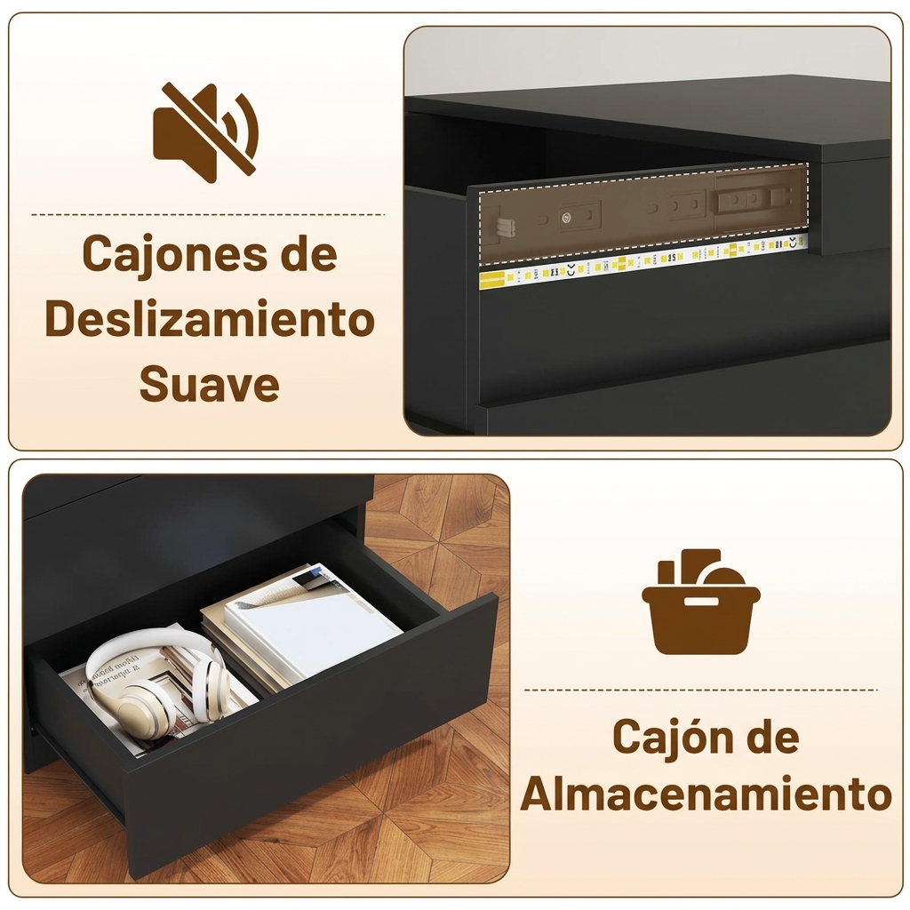 Mesita de noche con estación de carga y luces LED, mesa auxiliar con superficie deslizante para dormitorio, mesita de noche con cajones, mesa auxiliar moderna.
