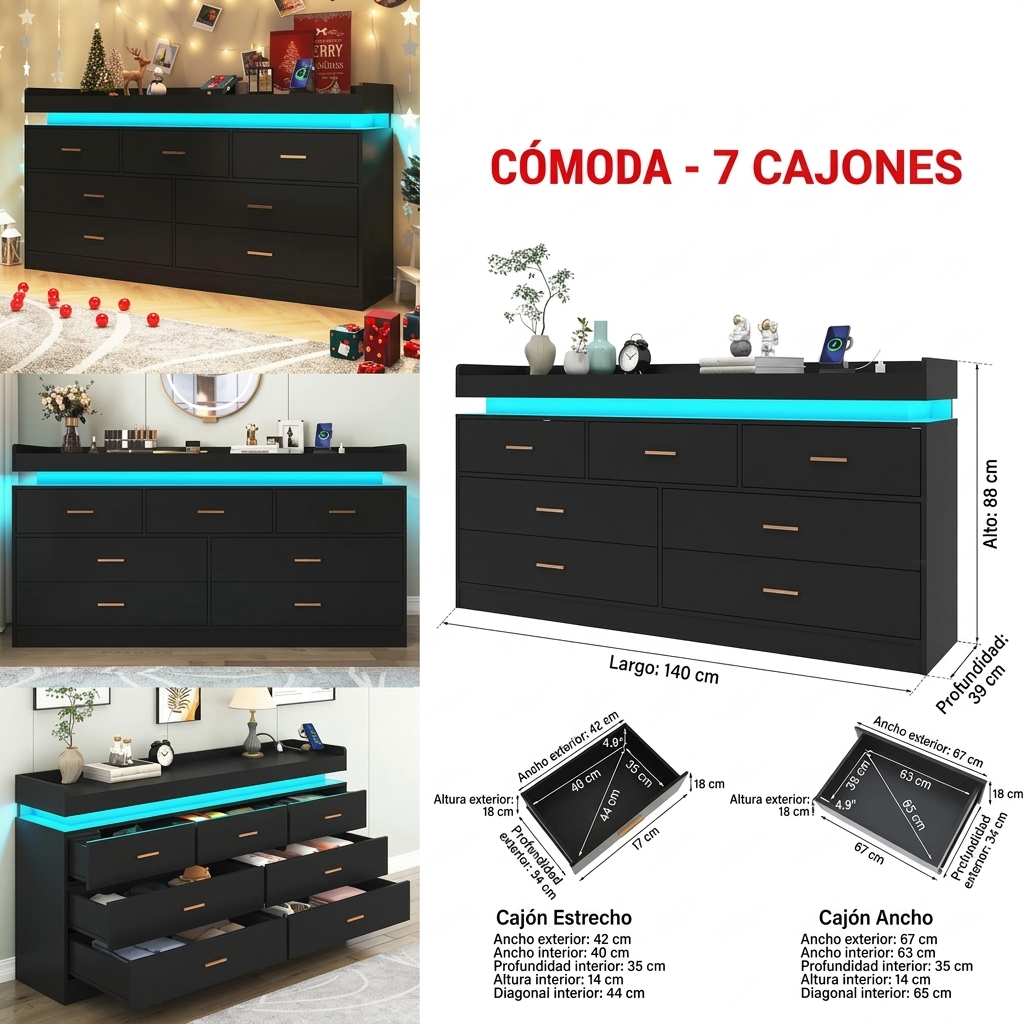 Cómoda con luz LED y estación de carga, cómoda moderna para armario, mueble organizador de cajones anchos para dormitorio, sala de estar, entrada y pasillo.