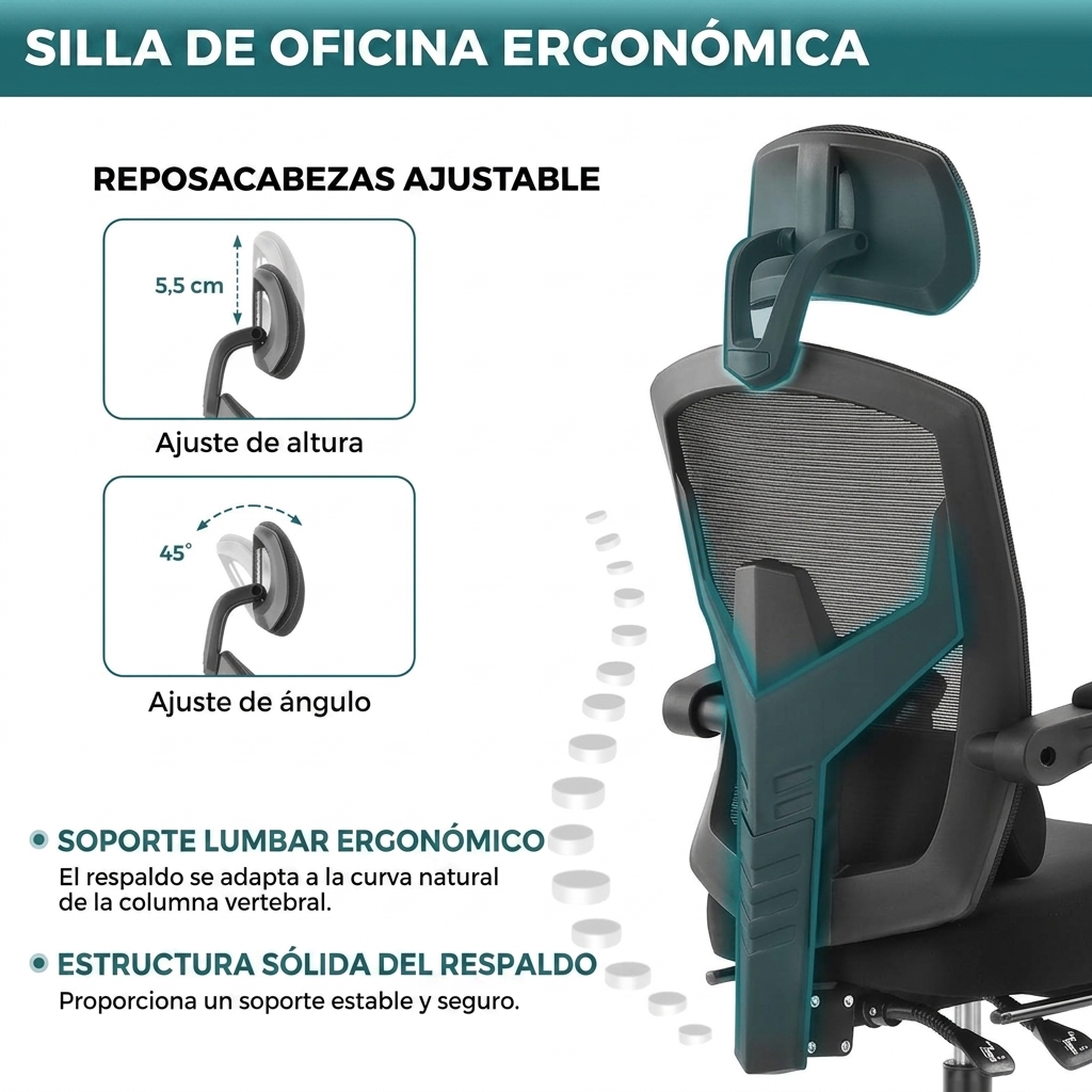 Silla de oficina ergonómica con respaldo de malla: altura ajustable, giratoria 360 grados, con ruedas, reposapiés, reposacabezas ajustable, brazos acolchados, bloqueo de reclinación, opción de regalo para la oficina (requiere montaje).