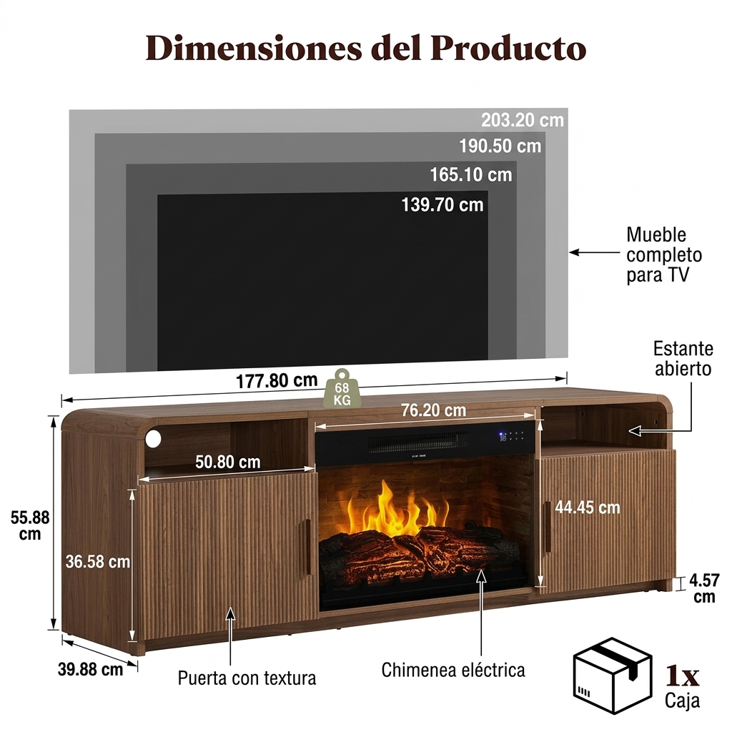 Mueble TV de 178 cm con Chimenea Eléctrica de 30", Diseño de Madera Estriada, Puertas y Armarios de Almacenamiento, para TV de hasta 80", Ideal para Salón