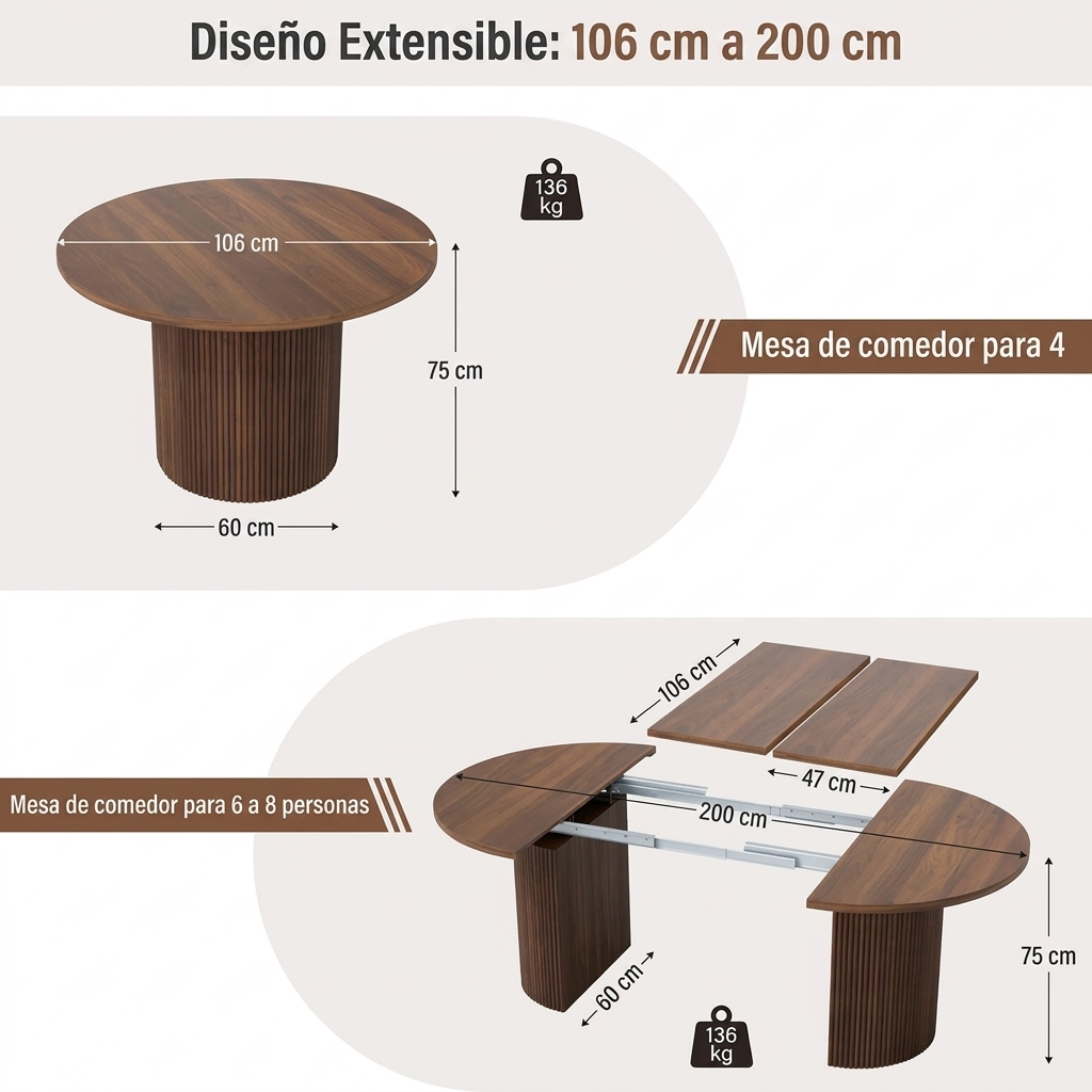 Mesa de Comedor de 180 cm para 6-8 Personas, Diseño Ovalado con Base de Listones de Madera, Mesa Moderna para Cocina, Salón o Comedor
