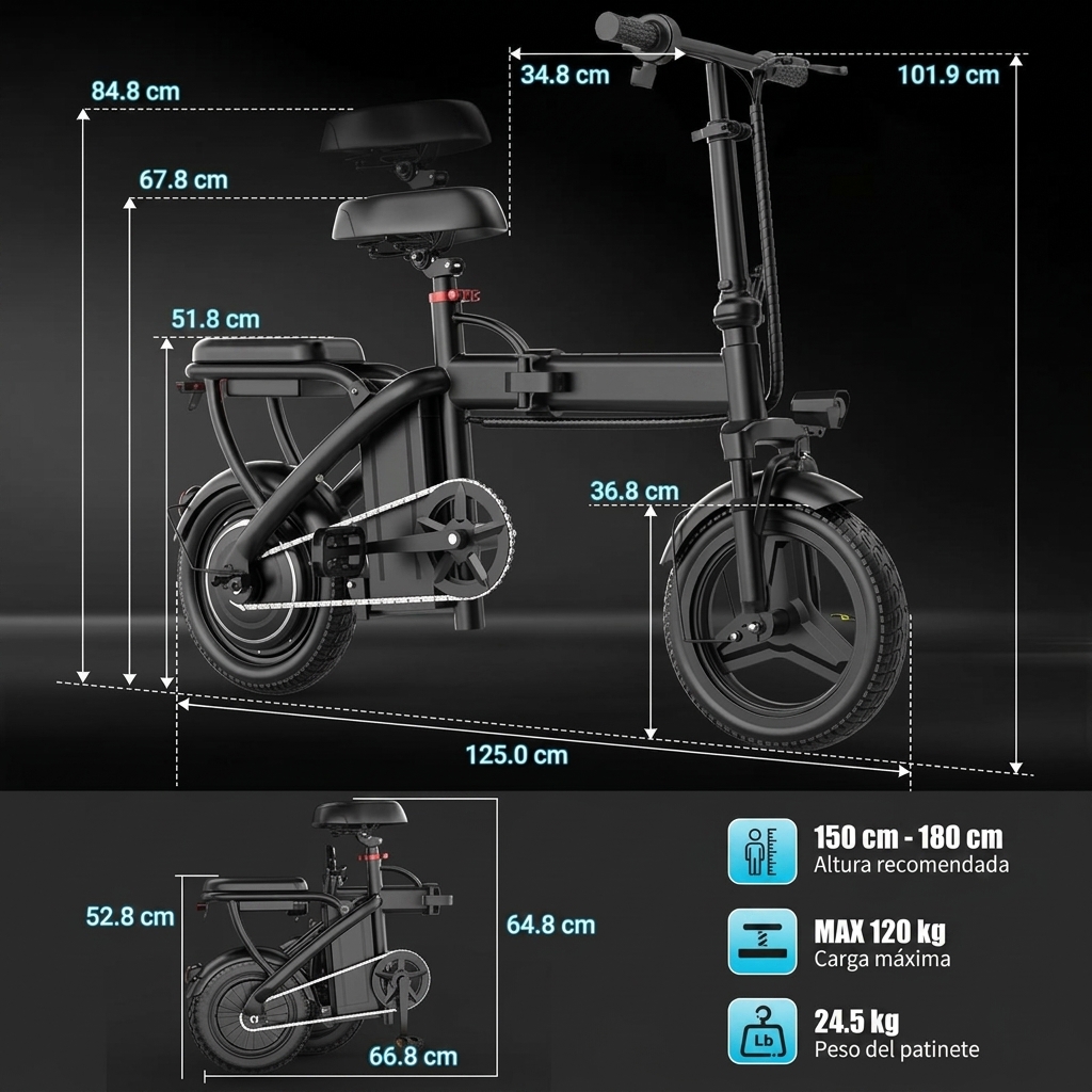 Bicicleta eléctrica plegable | Potencia máxima 1200 W | Neumáticos de 35,5 cm | Autonomía 35-64 km | Freno de disco trasero | Plegable | Dos plazas