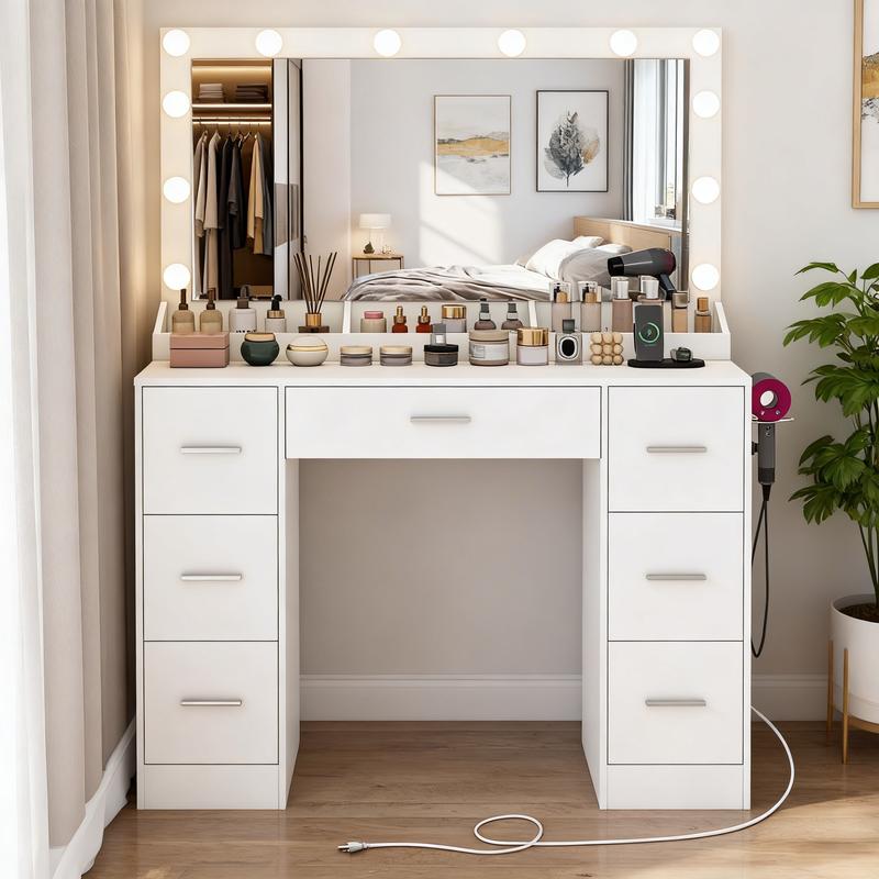 Moderno Tocadores de maquillaje con Espejo, 12 Luces LED Regulables, Tocador con Enchufes Eléctricos, 7 Cajones y 3 Bandejas de Maquillaje, Blanco