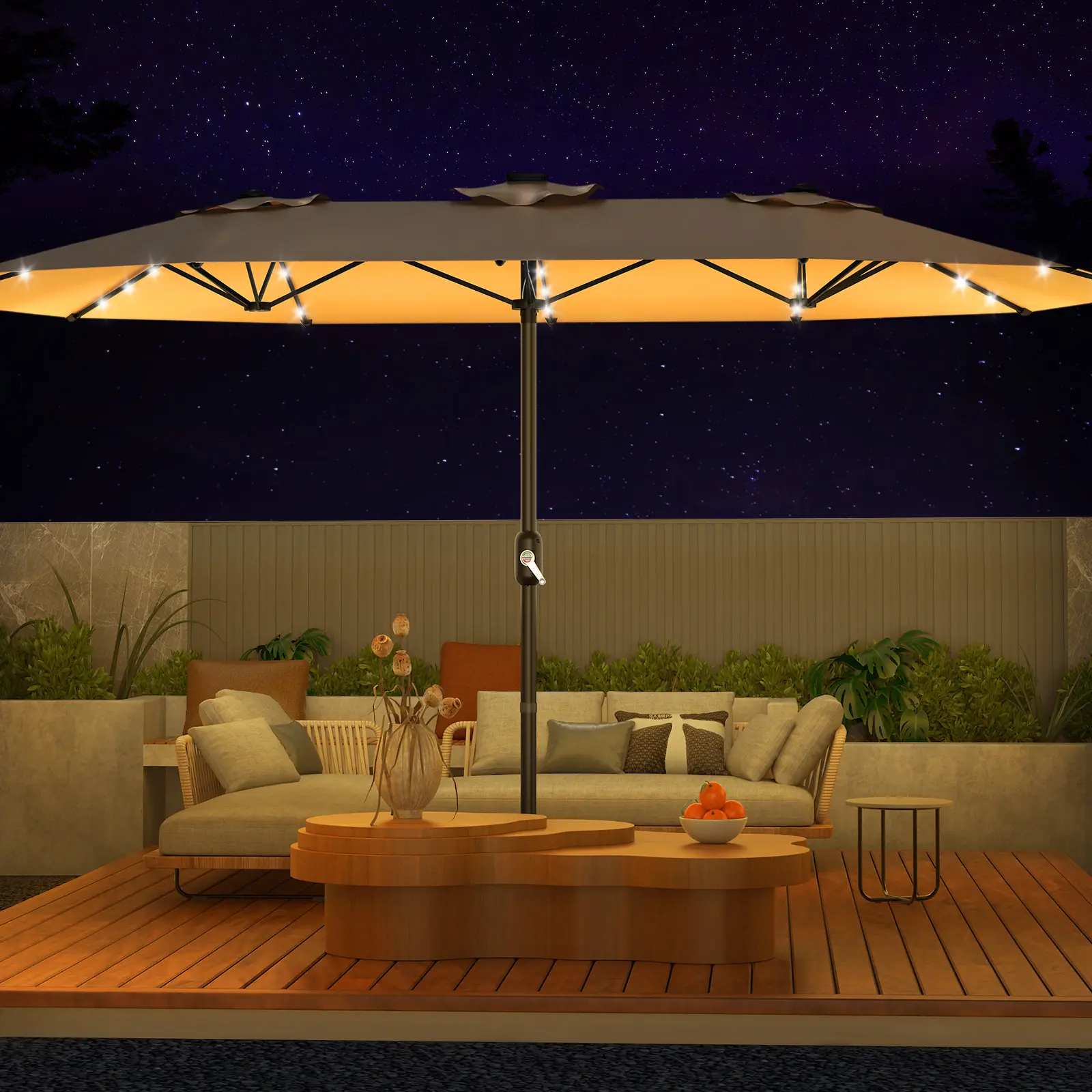 Sombrilla grande para patio al aire libre Garvee de 15ft con base – Opción de luz LED, doble cara, manivela, resistente al agua, incluye base con peso y bolsa de arena, con capacidad para 10 personas, ideal para el borde de la piscina, el jardín, el céspe