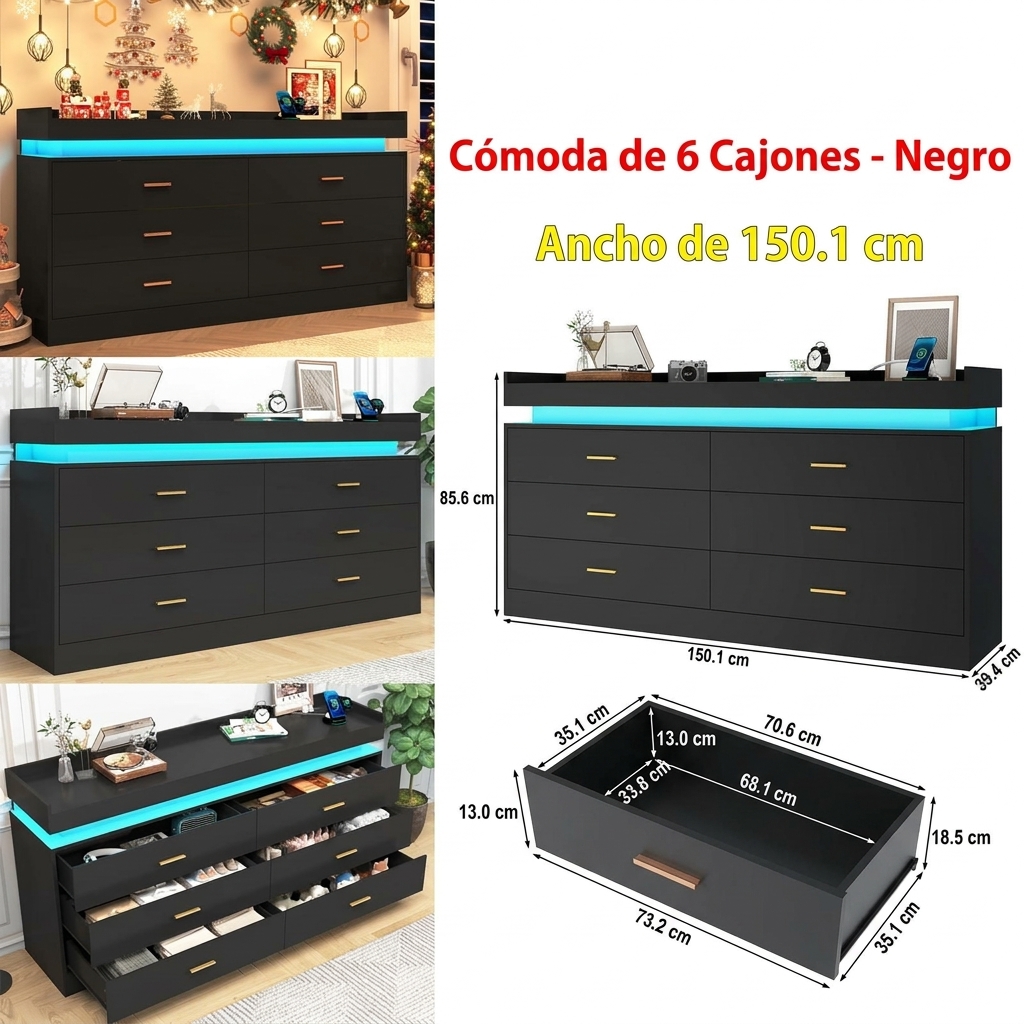 Cómoda con luz LED y estación de carga, cómoda moderna para armario, mueble organizador de cajones anchos para dormitorio, sala de estar, entrada y pasillo.